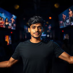 A young Bangladeshi man with short black hair and a light beard, wearing a black T-shirt, stands confidently with his arms outstretched in a dark, dramatic environment