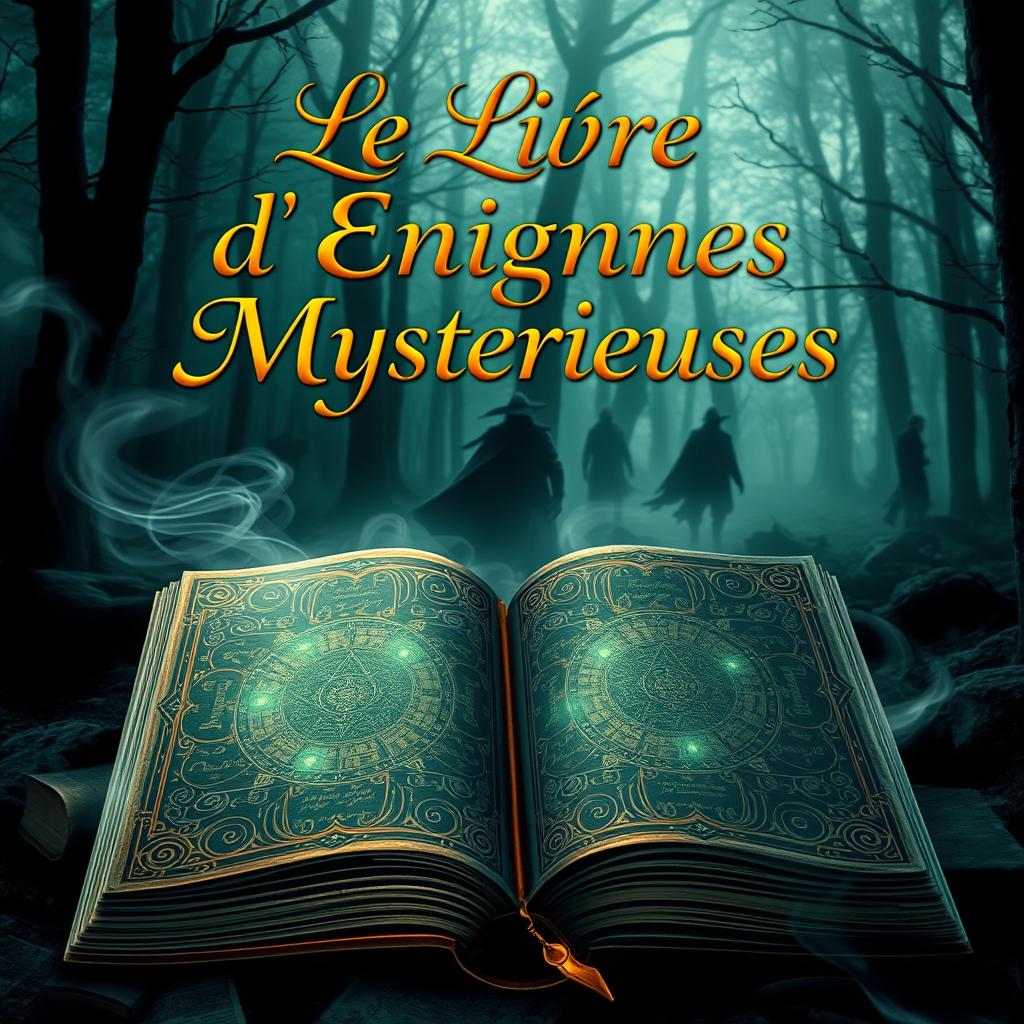 A captivating book cover for "Le Livre d'Enigmes Mystérieuses" featuring a mysterious, dark forest with mist swirling between the trees