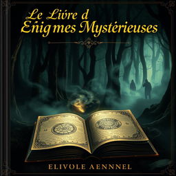 A captivating book cover for "Le Livre d'Enigmes Mystérieuses" featuring a mysterious, dark forest with mist swirling between the trees