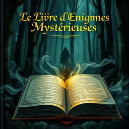 A captivating book cover for "Le Livre d'Enigmes Mystérieuses" featuring a mysterious, dark forest with mist swirling between the trees
