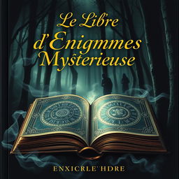 A captivating book cover for "Le Livre d'Enigmes Mystérieuses" featuring a mysterious, dark forest with mist swirling between the trees