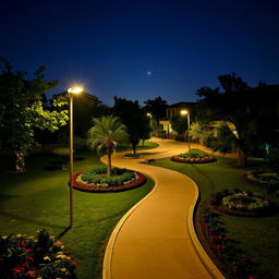 A serene night scene in Mirpur DOHS, showcasing a tranquil residential neighborhood