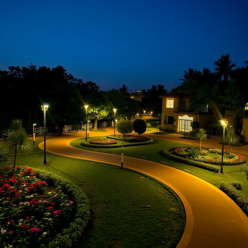 A serene night scene in Mirpur DOHS, showcasing a tranquil residential neighborhood