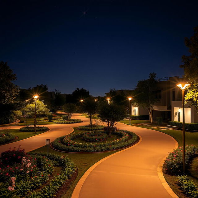 A serene night scene in Mirpur DOHS, showcasing a tranquil residential neighborhood