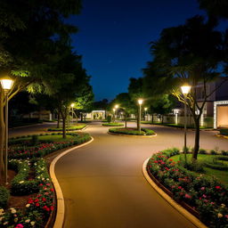 A serene night scene in Mirpur DOHS, showcasing a tranquil residential neighborhood