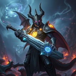 A striking black dragonborn warlock, standing confidently on a battlefield