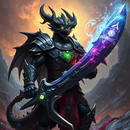 A striking black dragonborn warlock, standing confidently on a battlefield