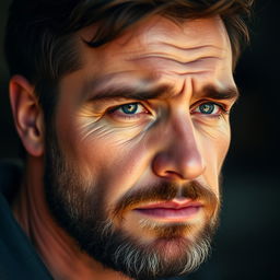 A beautiful 40-year-old man with a well-groomed beard, tears streaming down his face, capturing a moment of deep emotion