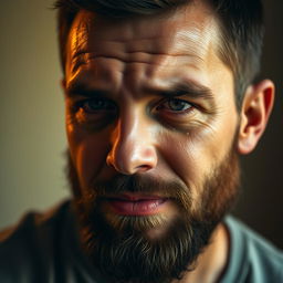 A beautiful 40-year-old man with a well-groomed beard, tears streaming down his face, capturing a moment of deep emotion