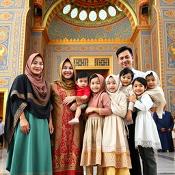 A heartfelt family portrait of an Iranian Muslim mother in traditional attire, standing next to her husband in the vibrant and majestic Imam Reza's shrine