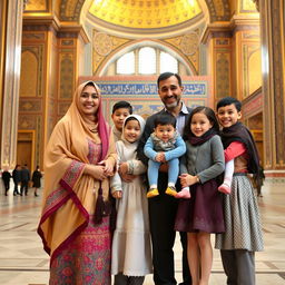 A heartfelt family portrait of an Iranian Muslim mother in traditional attire, standing next to her husband in the vibrant and majestic Imam Reza's shrine