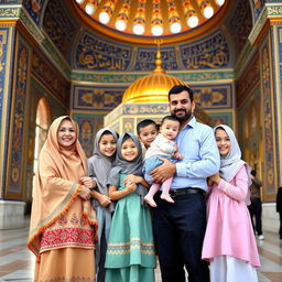 A heartfelt family portrait of an Iranian Muslim mother in traditional attire, standing next to her husband in the vibrant and majestic Imam Reza's shrine