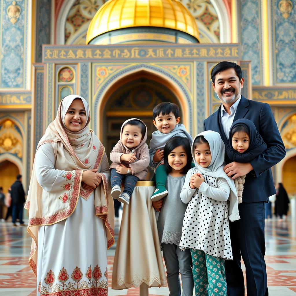 A heartfelt family portrait of an Iranian Muslim mother in traditional attire, standing next to her husband in the vibrant and majestic Imam Reza's shrine