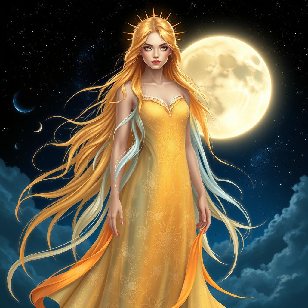 A mystical and ethereal image representing the Daughter of the Sun and Moon, standing in a celestial setting