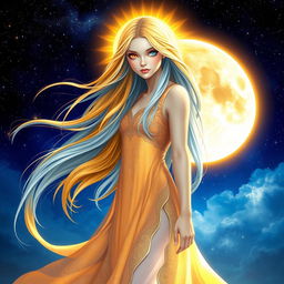 A mystical and ethereal image representing the Daughter of the Sun and Moon, standing in a celestial setting
