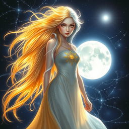 A mystical and ethereal image representing the Daughter of the Sun and Moon, standing in a celestial setting