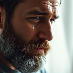 A beautiful 40-year-old man with a well-groomed beard, tears streaming down his face, capturing a moment of deep emotion