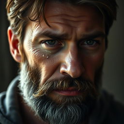 A beautiful 40-year-old man with a well-groomed beard, tears streaming down his face, capturing a moment of deep emotion