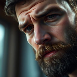 A beautiful 40-year-old man with a well-groomed beard, tears streaming down his face, capturing a moment of deep emotion