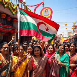 A vibrant and dynamic scene featuring a group of diverse people joyfully celebrating a festival, holding the Durzi flag prominently in the foreground