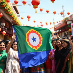 A vibrant and dynamic scene featuring a group of diverse people joyfully celebrating a festival, holding the Durzi flag prominently in the foreground