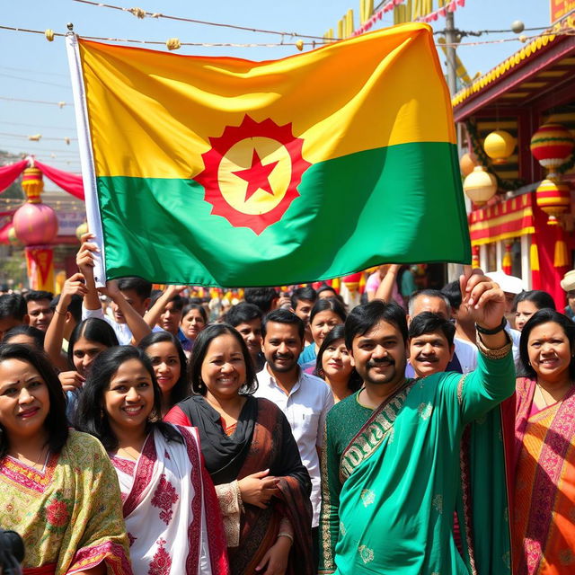 A vibrant and dynamic scene featuring a group of diverse people joyfully celebrating a festival, holding the Durzi flag prominently in the foreground