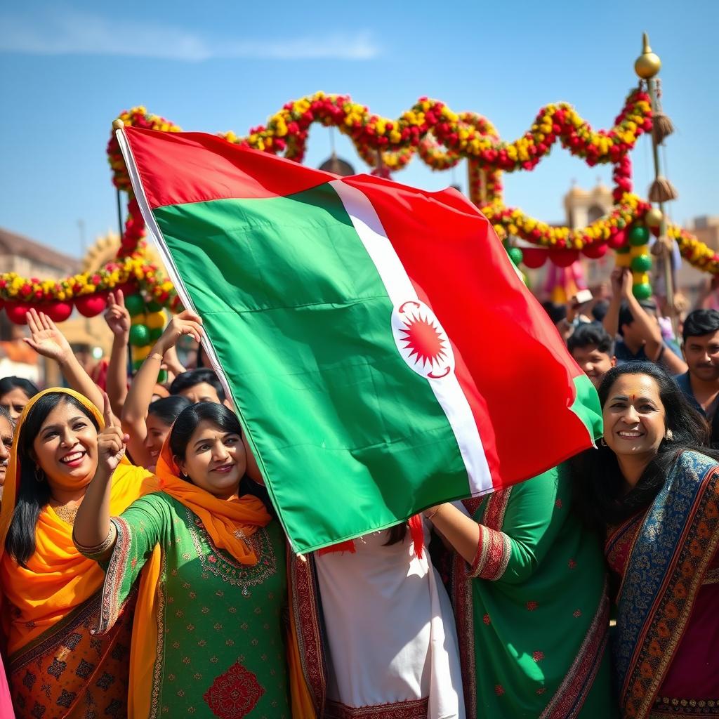 A vibrant and dynamic scene featuring a group of diverse people joyfully celebrating a festival, holding the Durzi flag prominently in the foreground