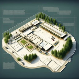 An architectural blueprint of a highway toll rest area, complete with facilities such as toilets, restaurants, and parking lots.