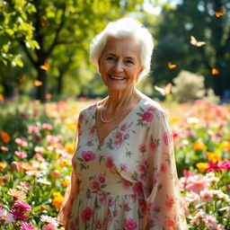A graceful elderly lady standing in a serene garden surrounded by blooming flowers