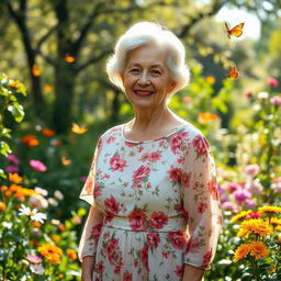 A graceful elderly lady standing in a serene garden surrounded by blooming flowers
