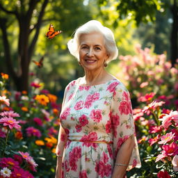 A graceful elderly lady standing in a serene garden surrounded by blooming flowers