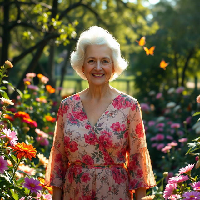 A graceful elderly lady standing in a serene garden surrounded by blooming flowers