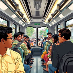 A vibrant scene depicting a bustling metro rail journey in Dhaka, Bangladesh