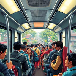 A vibrant scene depicting a bustling metro rail journey in Dhaka, Bangladesh