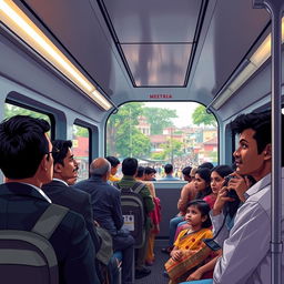 A vibrant scene depicting a bustling metro rail journey in Dhaka, Bangladesh