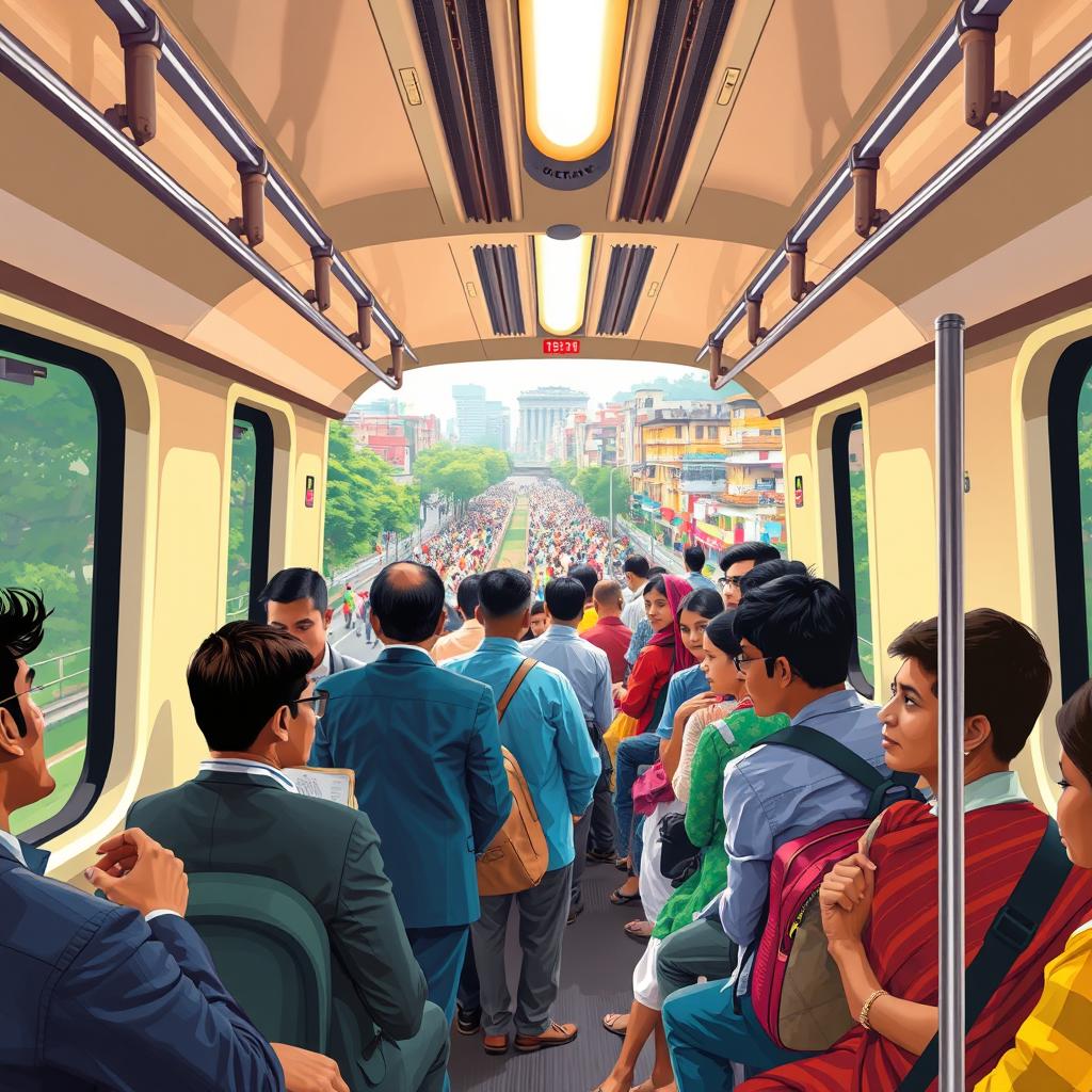 A vibrant scene depicting a bustling metro rail journey in Dhaka, Bangladesh