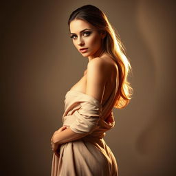 A tastefully artistic representation of a confident and stunning woman, posed elegantly in a safe and artistic manner that emphasizes her natural beauty