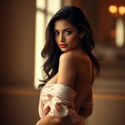 A tastefully artistic representation of a confident and stunning woman, posed elegantly in a safe and artistic manner that emphasizes her natural beauty