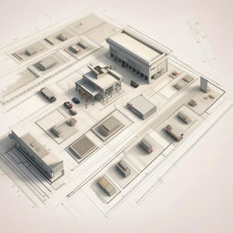 An architectural blueprint of a highway toll rest area, complete with facilities such as toilets, restaurants, and parking lots.