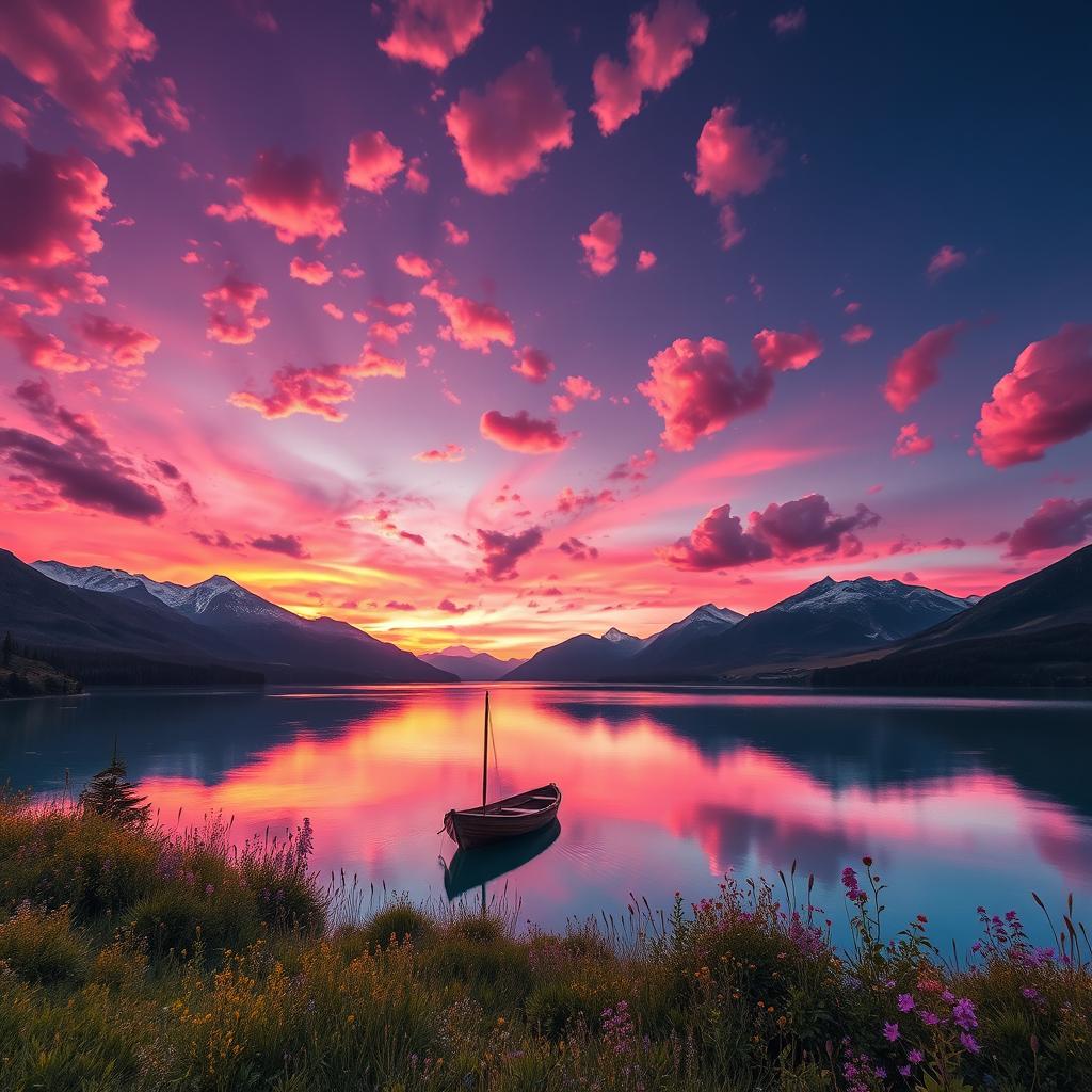 A breathtaking landscape during sunset in a fantasy realm, featuring vibrant pink and purple skies dotted with fluffy clouds