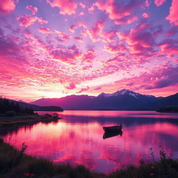 A breathtaking landscape during sunset in a fantasy realm, featuring vibrant pink and purple skies dotted with fluffy clouds