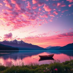 A breathtaking landscape during sunset in a fantasy realm, featuring vibrant pink and purple skies dotted with fluffy clouds