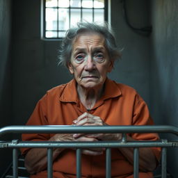 An elderly female prisoner in a solitary confinement cell, sitting on a simple metal cot with her hands clasped in her lap