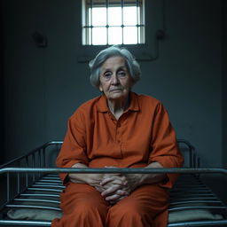 An elderly female prisoner in a solitary confinement cell, sitting on a simple metal cot with her hands clasped in her lap