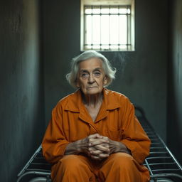 An elderly female prisoner in a solitary confinement cell, sitting on a simple metal cot with her hands clasped in her lap