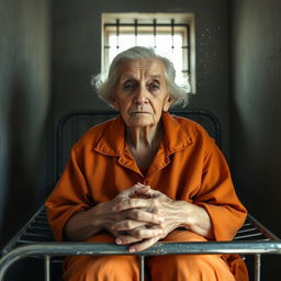 An elderly female prisoner in a solitary confinement cell, sitting on a simple metal cot with her hands clasped in her lap