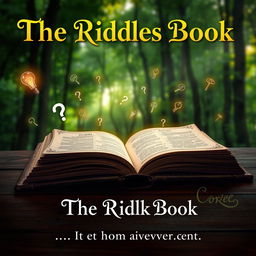 A captivating book cover for 'The Riddles Book', featuring an ornate, ancient-looking tome lying open on a dark wood table