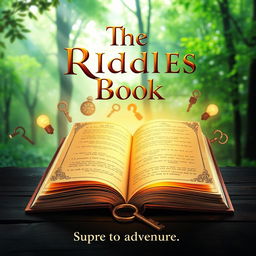 A captivating book cover for 'The Riddles Book', featuring an ornate, ancient-looking tome lying open on a dark wood table