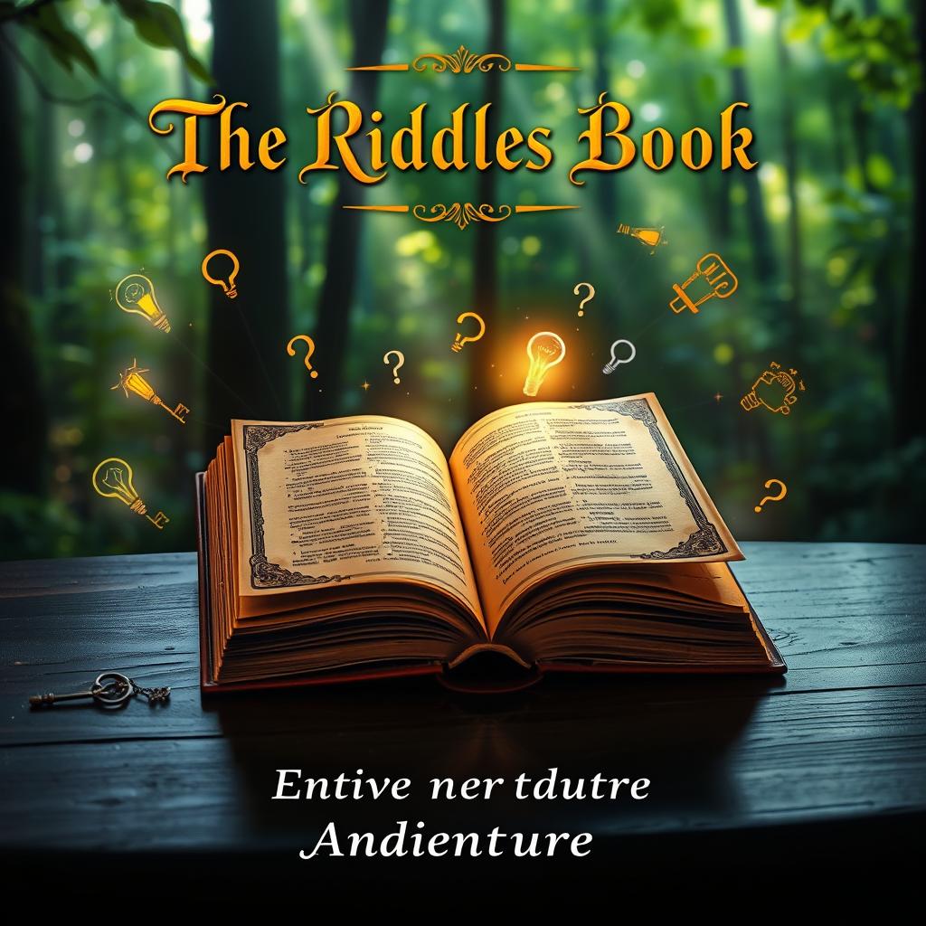 A captivating book cover for 'The Riddles Book', featuring an ornate, ancient-looking tome lying open on a dark wood table