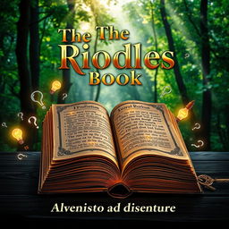 A captivating book cover for 'The Riddles Book', featuring an ornate, ancient-looking tome lying open on a dark wood table